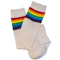 White thigh-high stockings with pride stripes